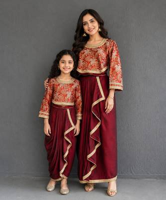 Brown brocade draped mother daughter skirt combo set 1