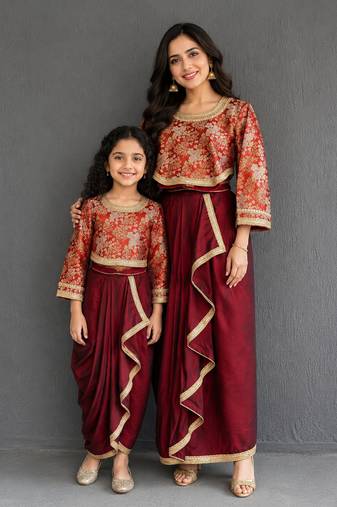 Brown brocade draped mother daughter skirt combo set