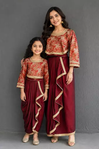 Brown brocade draped mother daughter skirt combo set