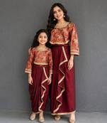 Brown brocade draped mother daughter skirt combo set