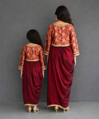 Brown brocade draped mother daughter skirt combo set 2