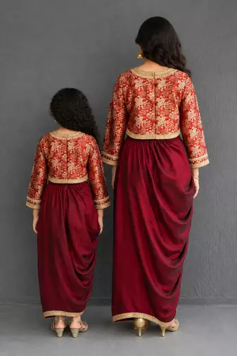 Brown brocade draped mother daughter skirt combo set