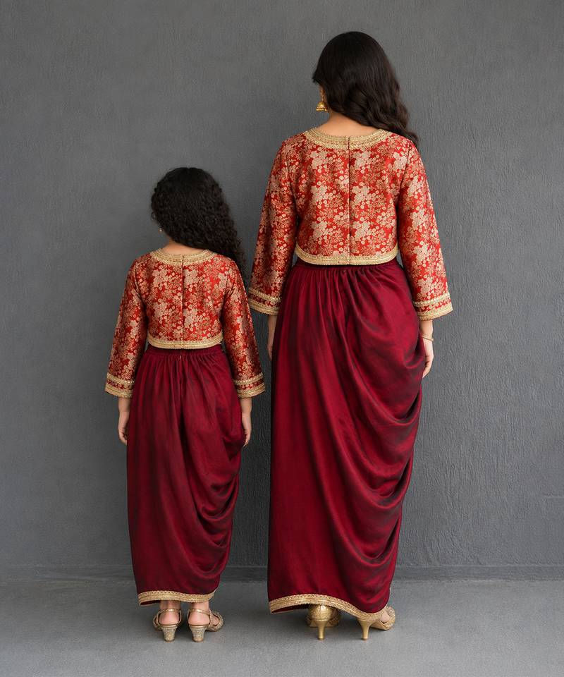 Brown brocade draped mother daughter skirt combo set