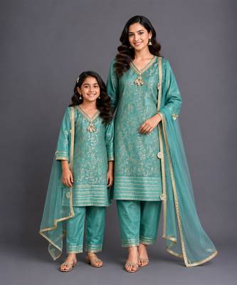Pastel green embroidered chanderi mother daughter kurti combo set 1