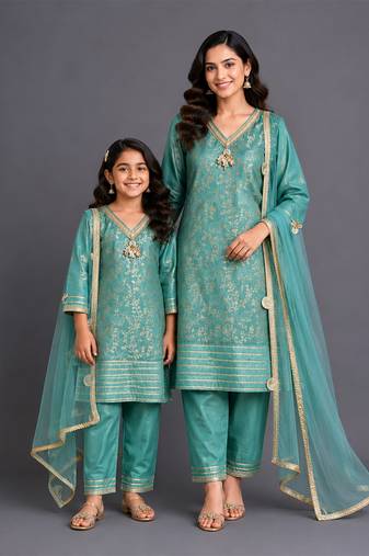 Pastel green embroidered chanderi mother daughter kurti combo set