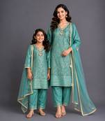 Pastel green embroidered chanderi mother daughter kurti combo set