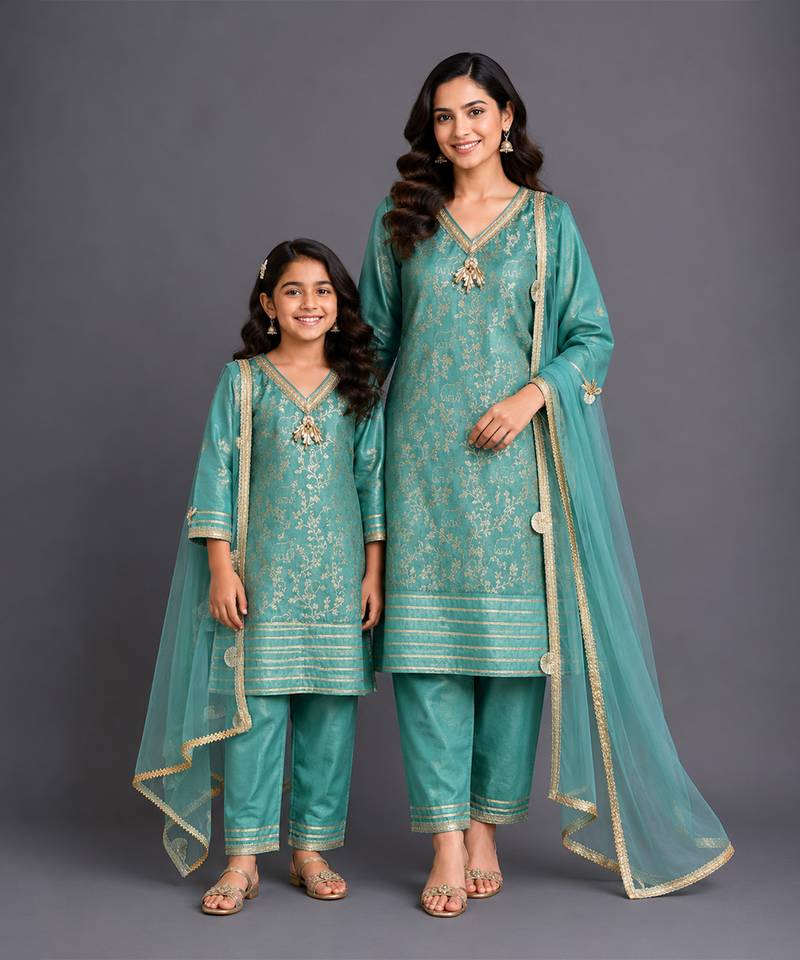 Pastel green embroidered chanderi mother daughter kurti combo set