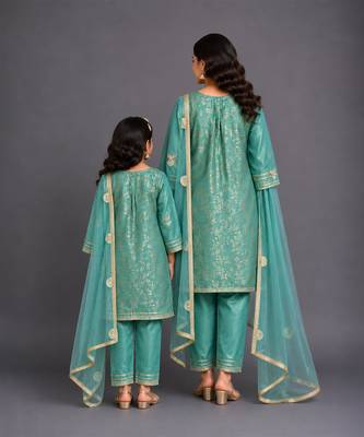 Pastel green embroidered chanderi mother daughter kurti combo set 2