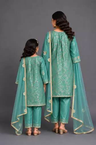 Pastel green embroidered chanderi mother daughter kurti combo set