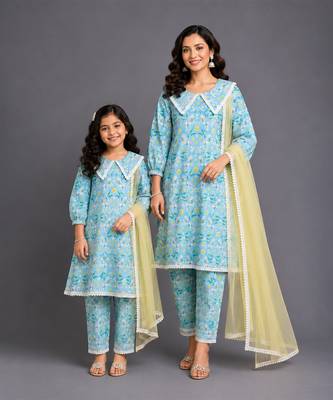 Blue printed silk mother daughter kurti combo set 1