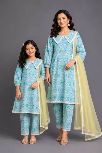 Blue printed silk mother daughter kurti combo set