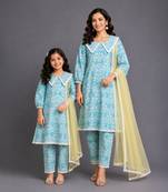 Blue printed silk mother daughter kurti combo set