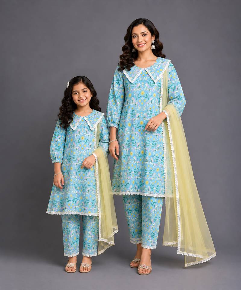 Blue printed silk mother daughter kurti combo set