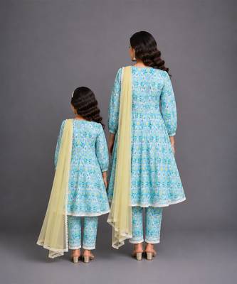Blue printed silk mother daughter kurti combo set 2