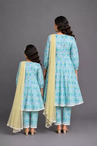 Blue printed silk mother daughter kurti combo set