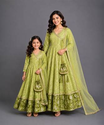 Pastel green chanderi mother daughter anarkali combo set 1