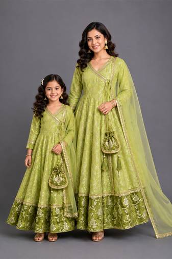 Pastel green chanderi mother daughter anarkali combo set
