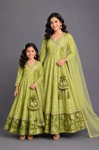 Pastel green chanderi mother daughter anarkali combo set