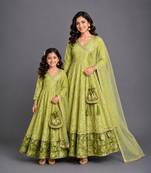 Pastel green chanderi mother daughter anarkali combo set
