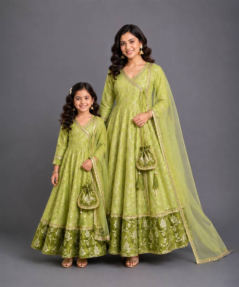 Pastel green chanderi mother daughter anarkali combo set