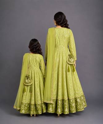 Pastel green chanderi mother daughter anarkali combo set 2