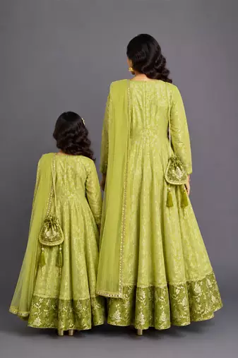 Pastel green chanderi mother daughter anarkali combo set
