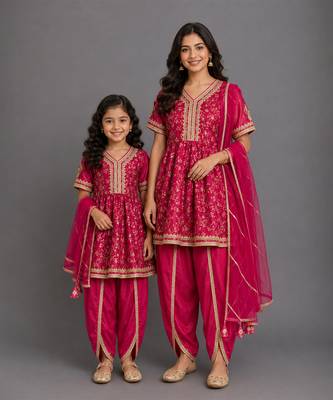 Fuschia pink embroidered chanderi mother daughter kurti combo set 1