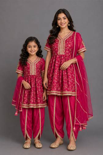 Fuschia pink embroidered chanderi mother daughter kurti combo set