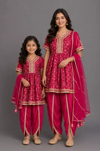 Fuschia pink embroidered chanderi mother daughter kurti combo set
