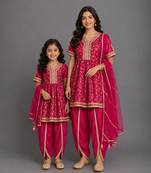 Fuschia pink embroidered chanderi mother daughter kurti combo set