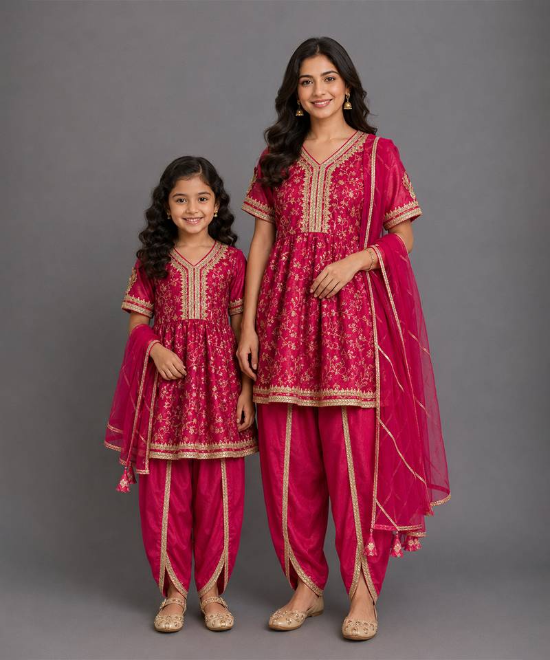 Fuschia pink embroidered chanderi mother daughter kurti combo set