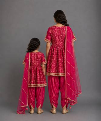 Fuschia pink embroidered chanderi mother daughter kurti combo set 2