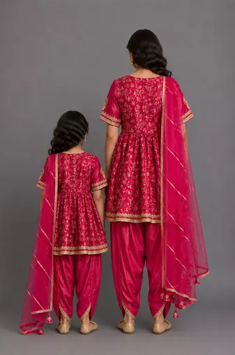 Fuschia pink embroidered chanderi mother daughter kurti combo set