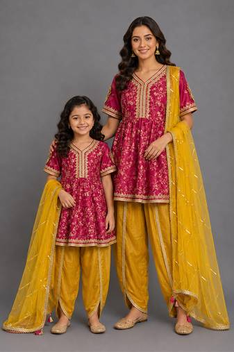 Fuschia pink yellow embroidered chanderi mother daughter kurti combo set