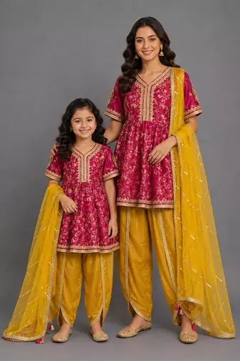 Fuschia pink yellow embroidered chanderi mother daughter kurti combo set