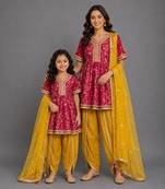Fuschia pink yellow embroidered chanderi mother daughter kurti combo set