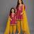Fuschia pink yellow embroidered chanderi mother daughter kurti combo set