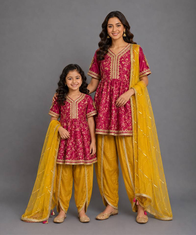 Fuschia pink yellow embroidered chanderi mother daughter kurti combo set