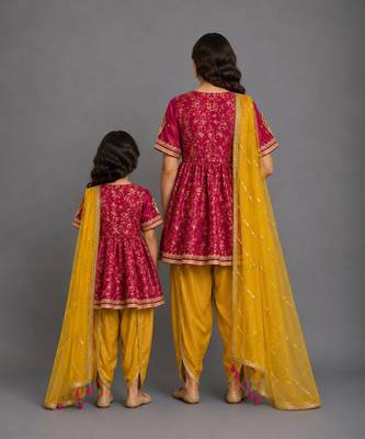 Fuschia pink yellow embroidered chanderi mother daughter kurti combo set 2
