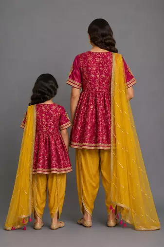 Fuschia pink yellow embroidered chanderi mother daughter kurti combo set