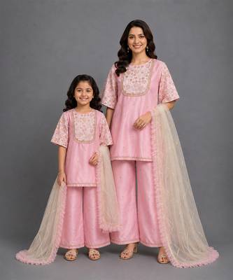 Baby pink embroidered silk mother daughter kurti combo set 1