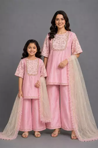 Baby pink embroidered silk mother daughter kurti combo set