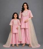 Baby pink embroidered silk mother daughter kurti combo set