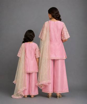 Baby pink embroidered silk mother daughter kurti combo set 2