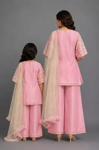 Baby pink embroidered silk mother daughter kurti combo set