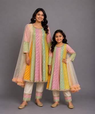 Off white multicolor cotton silk mother daughter anarkali combo set 1