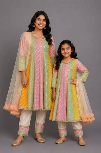 Off white multicolor cotton silk mother daughter anarkali combo set