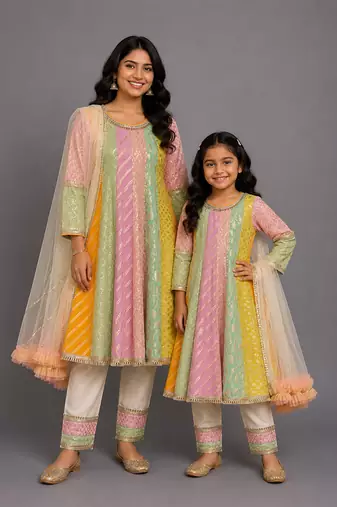 Off white multicolor cotton silk mother daughter anarkali combo set
