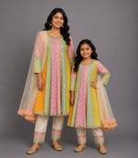 Off white multicolor cotton silk mother daughter anarkali combo set