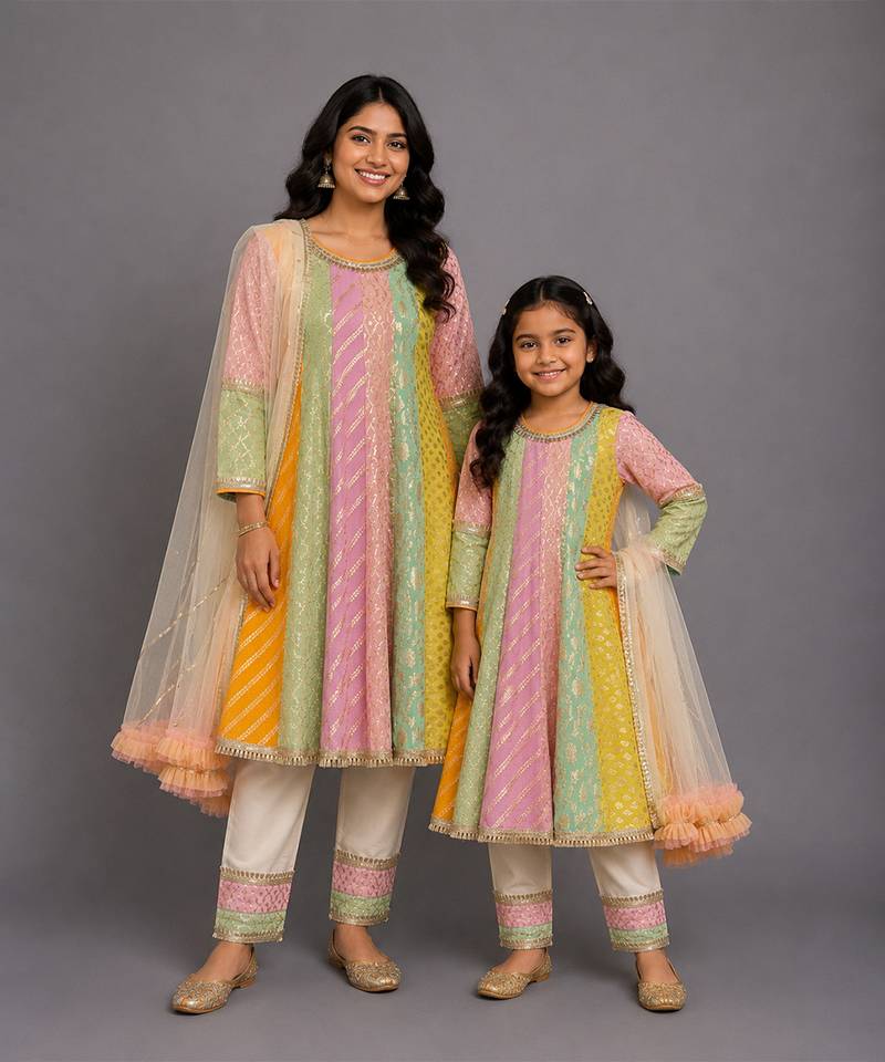 Off white multicolor cotton silk mother daughter anarkali combo set